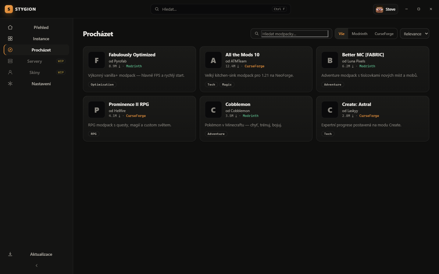 Modpack catalog in the STYGION Launcher app