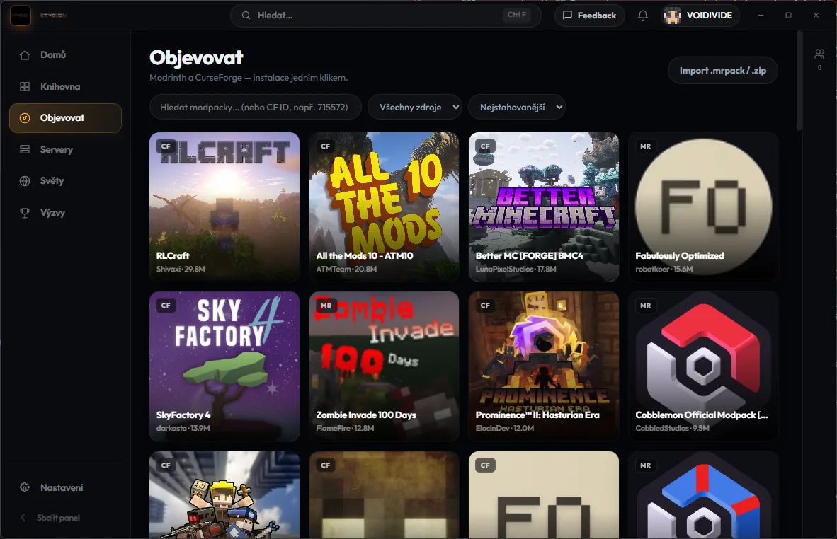 Browsing modpacks inside the launcher