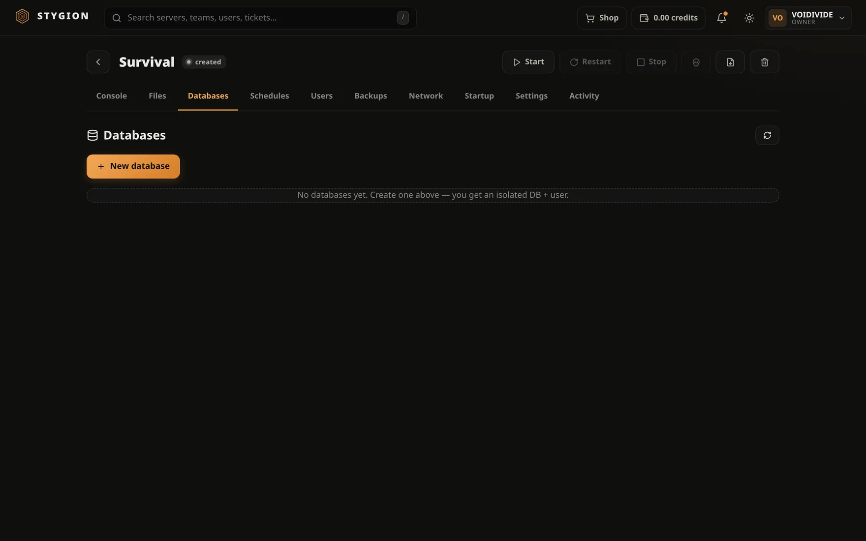 Záložka Databases